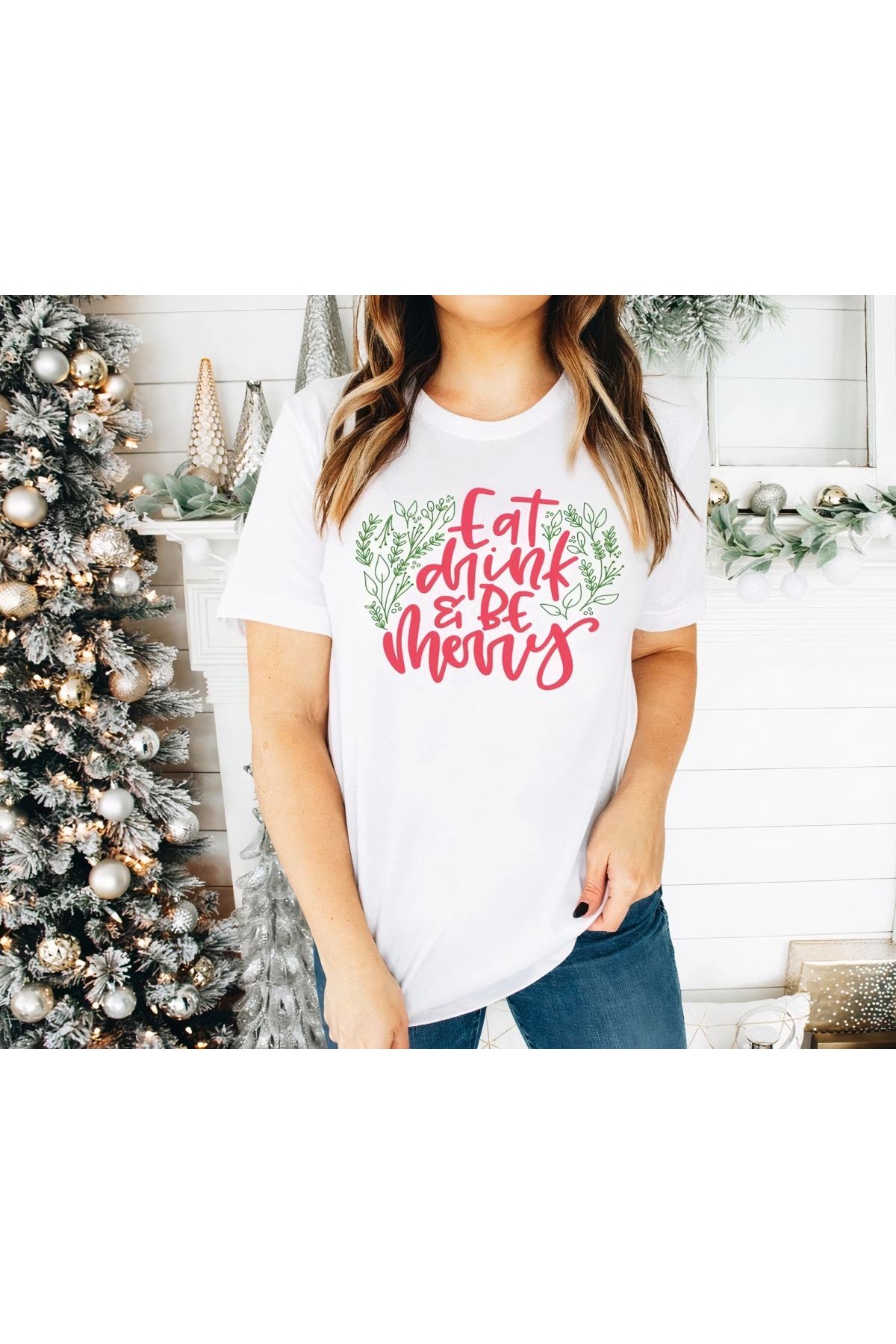 Yılbaşı Noel Baskılı Kısa Kollu Oversize Bisiklet Yaka T-shirt - Beyaz