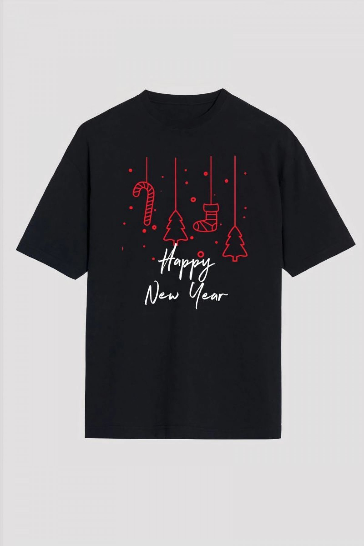 Yılbaşı Happy New Year Baskılı Kısa Kollu Oversize Bisiklet Yaka T-shirt - Siyah