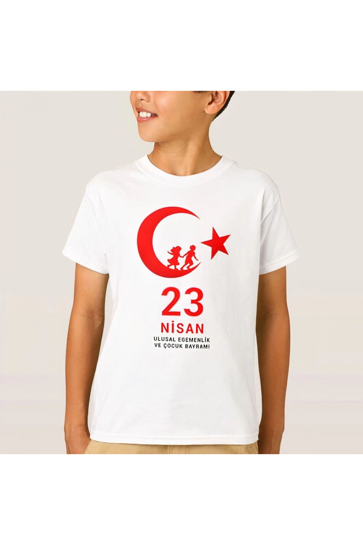 Çocuk 23 Nisan Ulusal Egemenlik ve Çocuk Bayramı Baskılı Bisiklet Yaka T-shirt - Beyaz