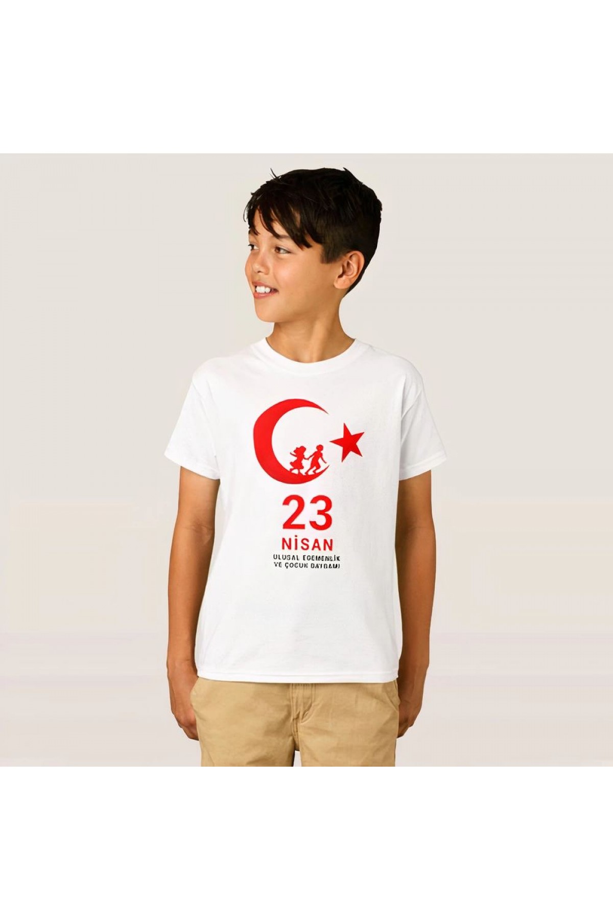 Çocuk 23 Nisan Ulusal Egemenlik ve Çocuk Bayramı Baskılı Bisiklet Yaka T-shirt - Beyaz