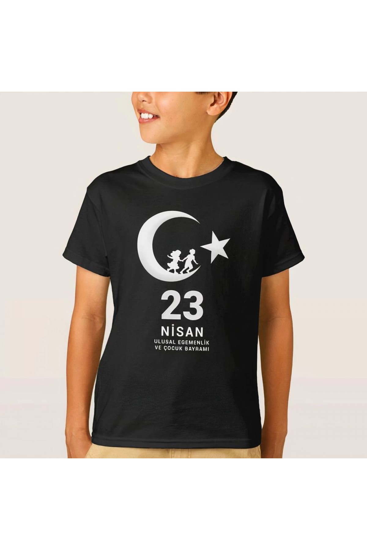 Çocuk 23 Nisan Ulusal Egemenlik ve Çocuk Bayramı Baskılı Bisiklet Yaka T-shirt - Siyah
