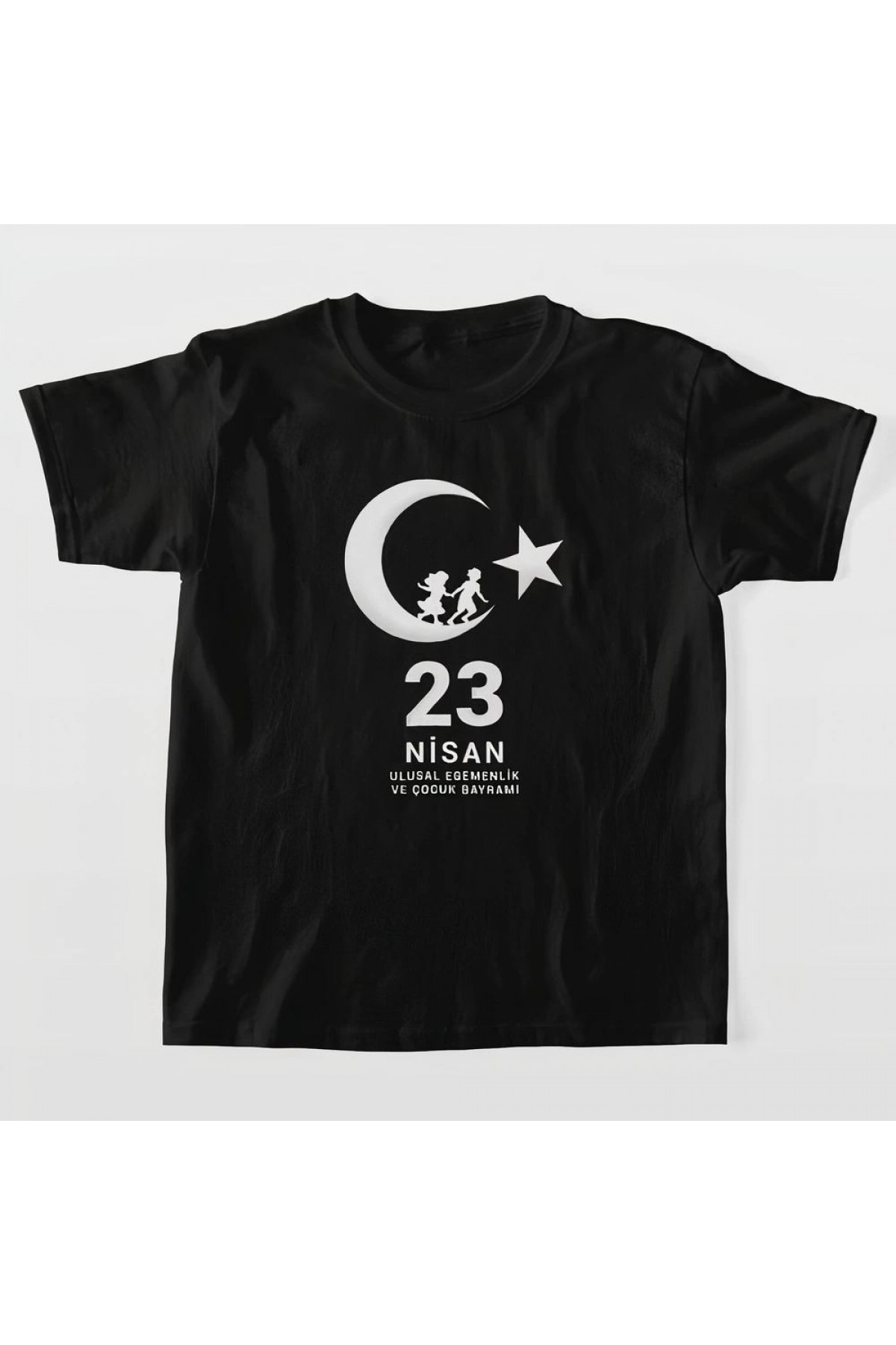 Çocuk 23 Nisan Ulusal Egemenlik ve Çocuk Bayramı Baskılı Bisiklet Yaka T-shirt - Siyah