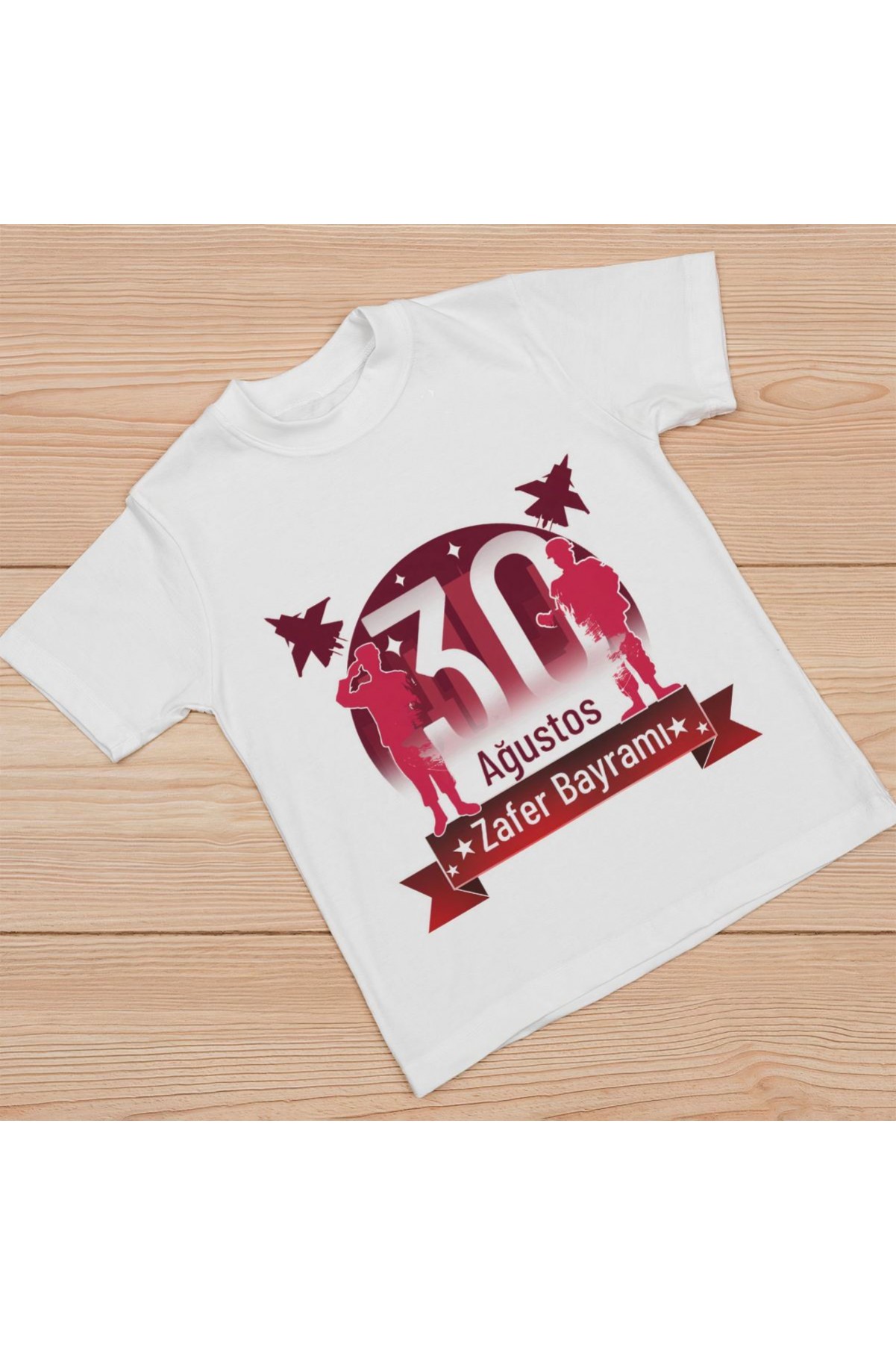 Ağustos Zafer Bayramı Atatürk Baskılı Kısa Kollu Bisiklet Yaka T-shirt - Beyaz