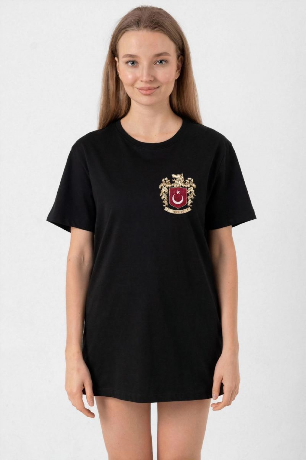 Türk Arma Baskılı Oversize Bisiklet Yaka Günlük T-shirt - Siyah