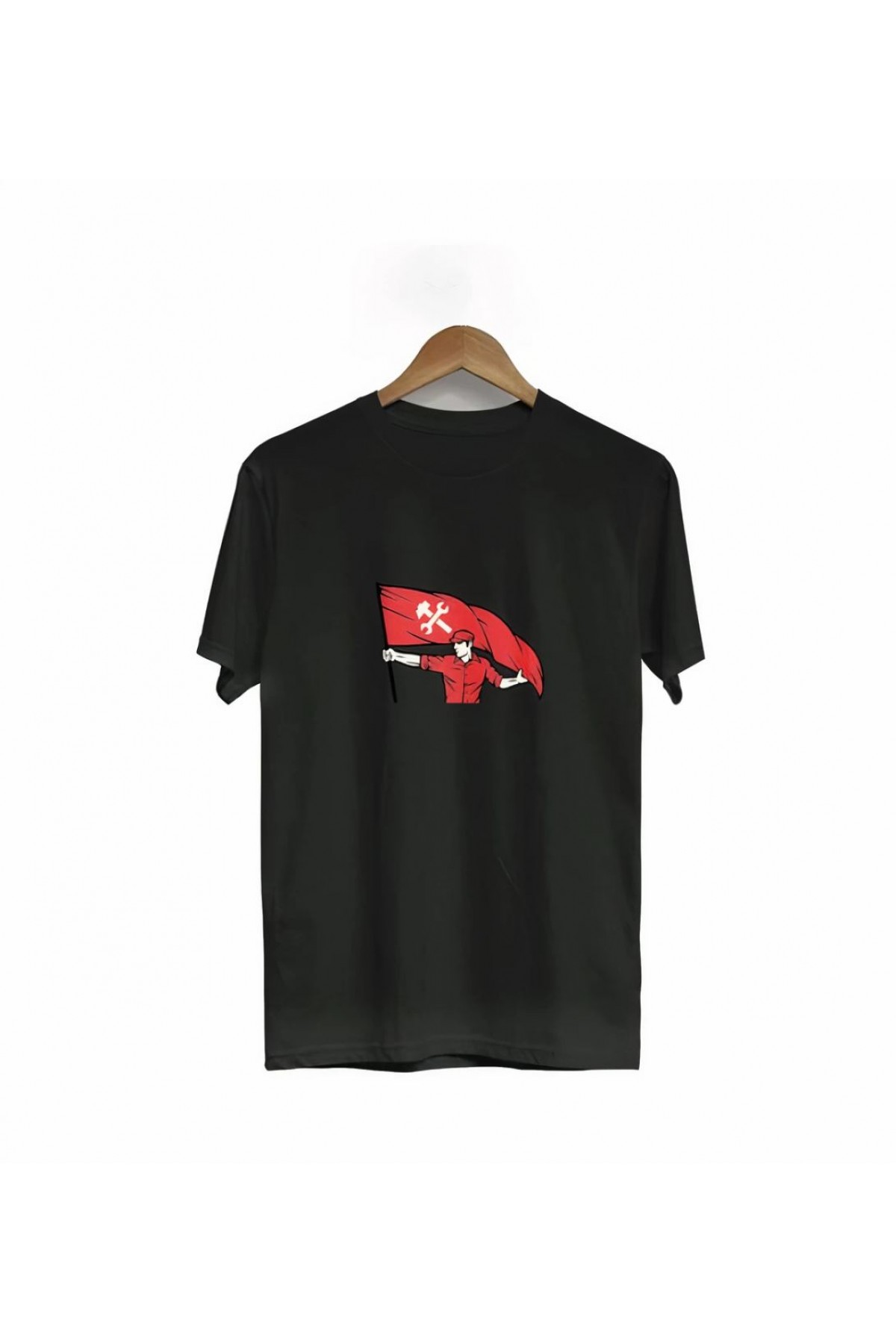 1 Mayıs Emek ve Dayanışma Bayraklı Emekçi Baskılı Bisiklet Yaka T-shirt - Siyah