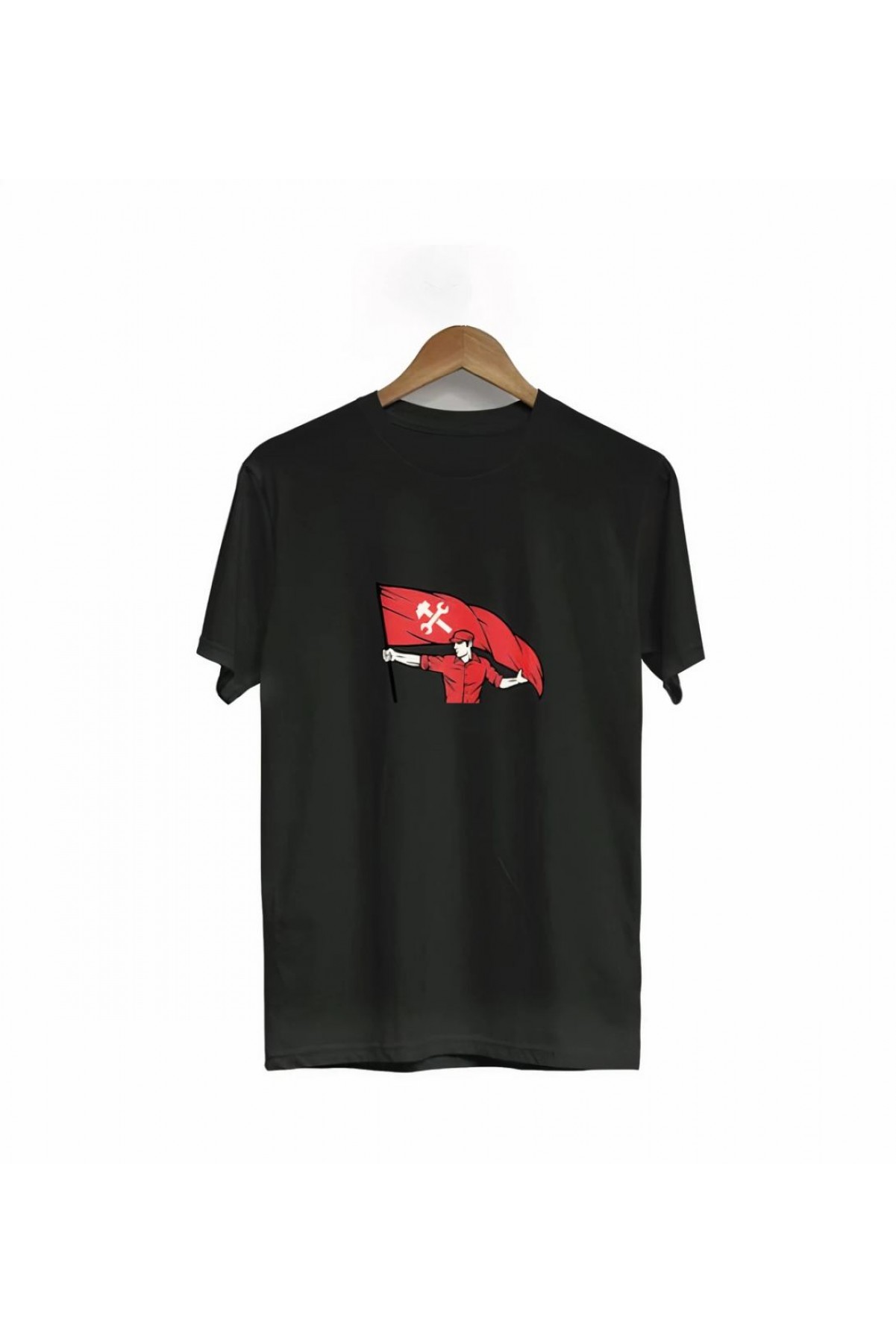 1 Mayıs Emek ve Dayanışma Bayraklı Emekçi Baskılı Bisiklet Yaka T-shirt - Siyah