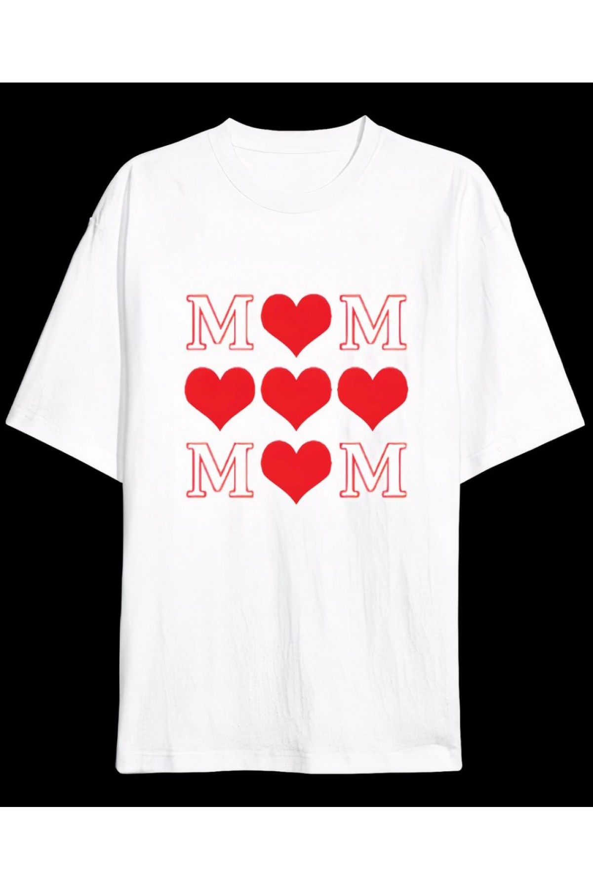 Anneler Günü Hediye MOM Kalp Baskılı Oversize Bisiklet Yaka T-shirt - Beyaz