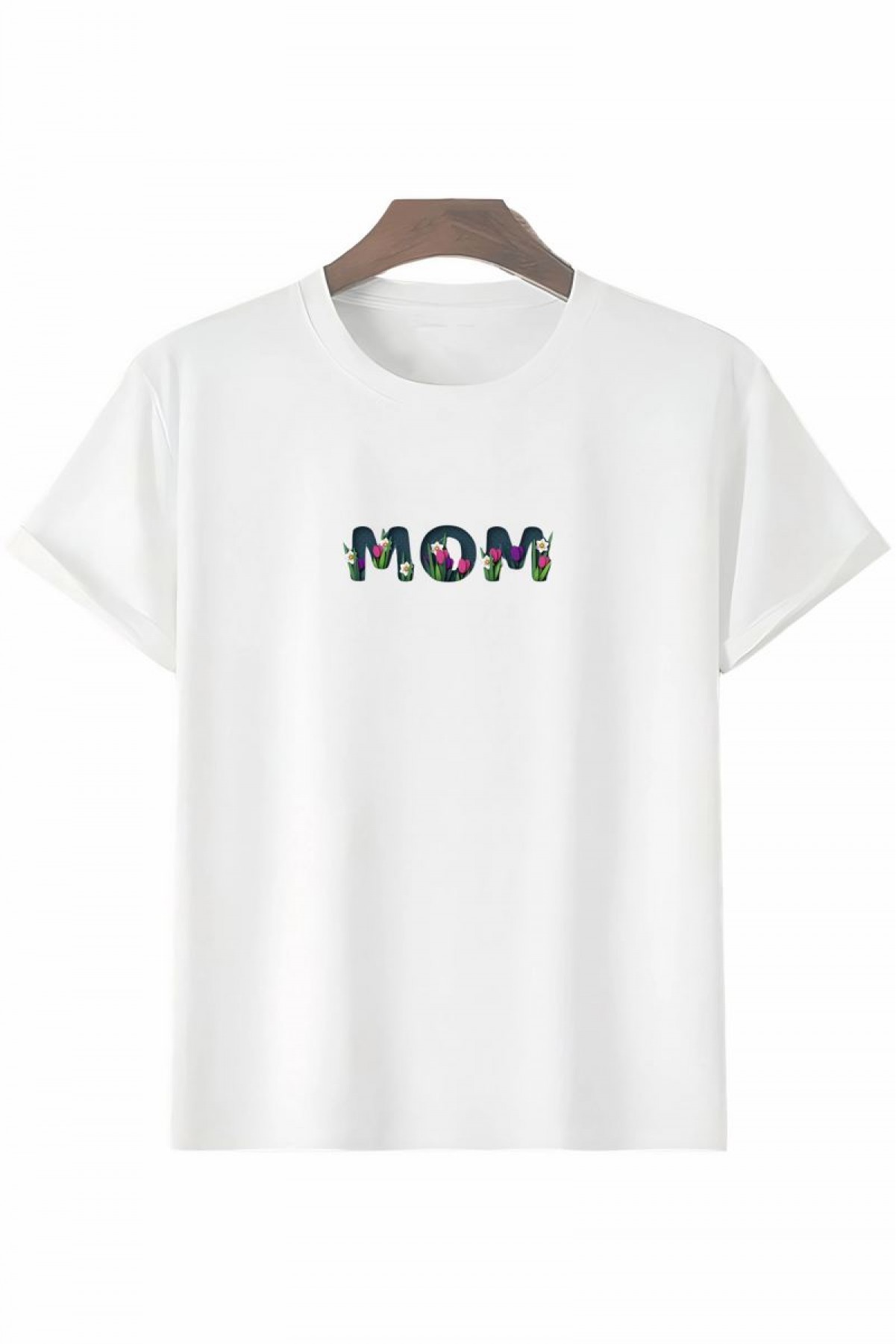 Anneler Günü Hediye Mom Çiçek Baskılı Oversize Bisiklet Yaka T-shirt - Beyaz