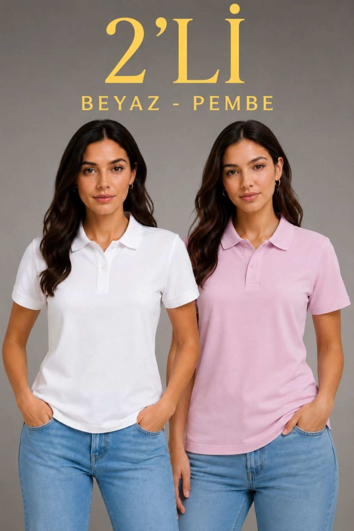 2'li Kadın Polo Yaka Pike Kumaş Düğmeli Basic Tişört Günlük Rahat Kesim - Beyaz, Pembe