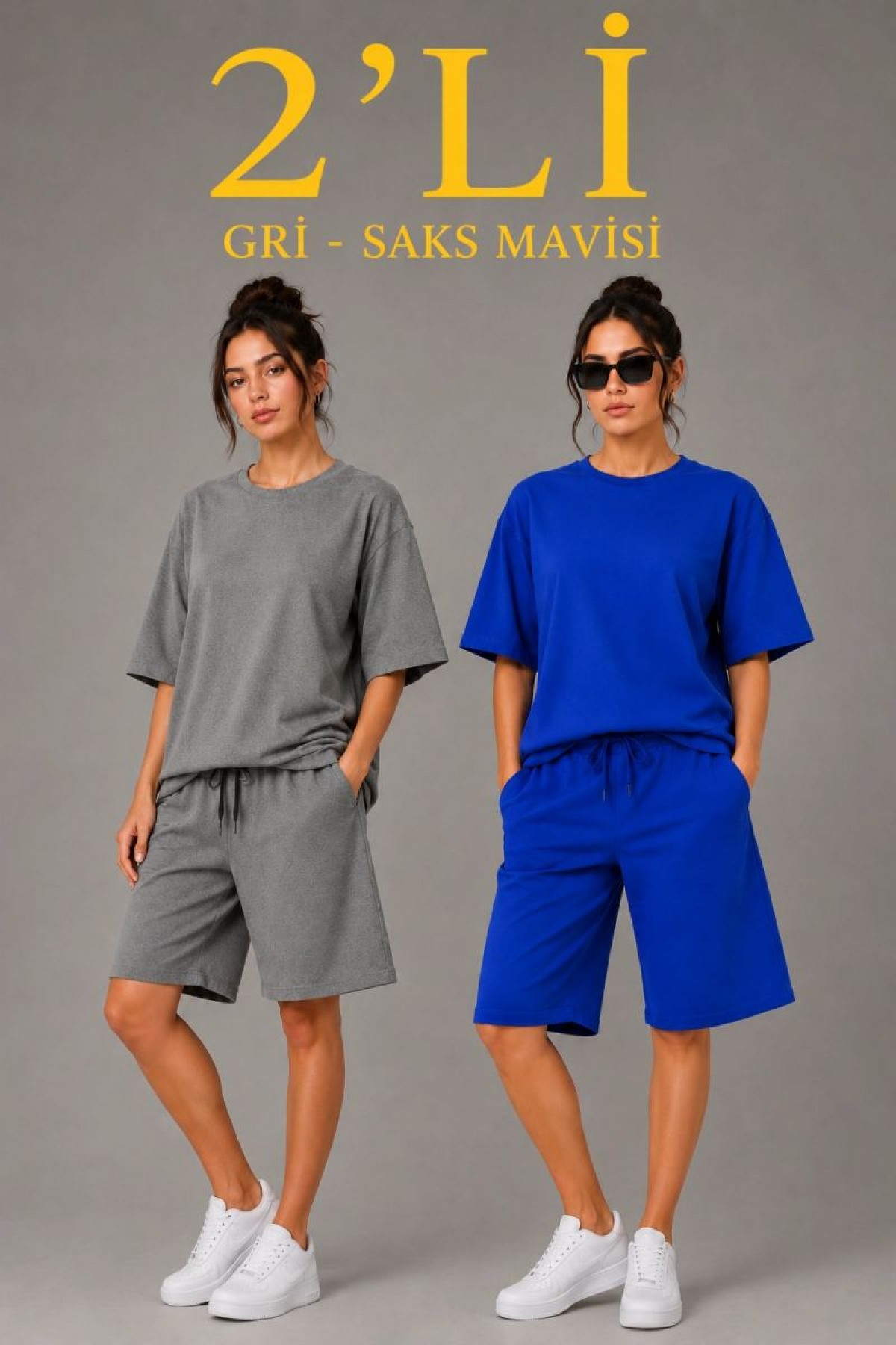 Kadın 2’li Oversize Tişört Şort Takım Seti Yazlık İki İplik Kumaş - Gri, Saks Mavisi