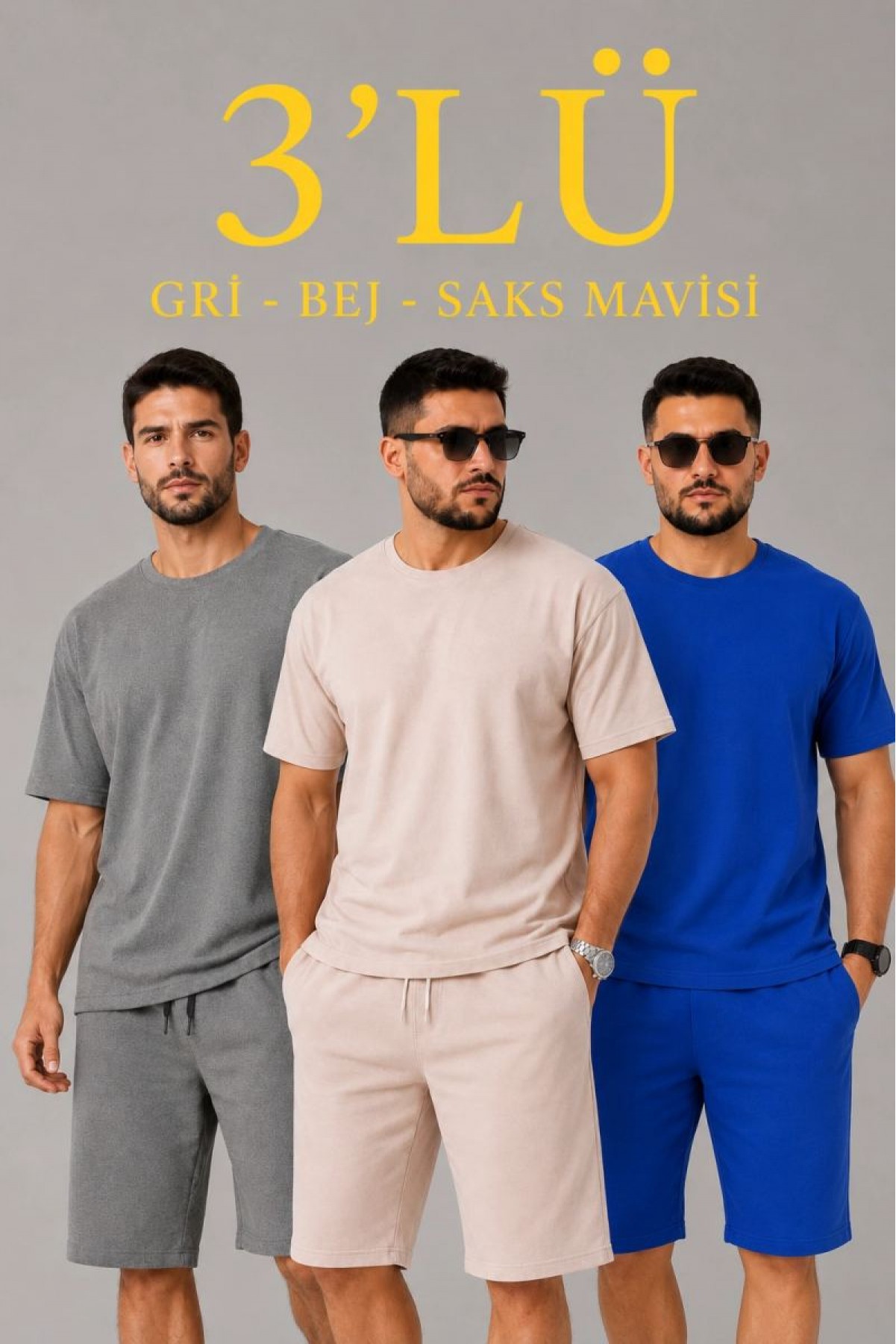 Erkek 2’li Oversize Tişört Şort Takım Seti Yazlık İki İplik Kumaş - Gri, Saks Mavisi, Bej