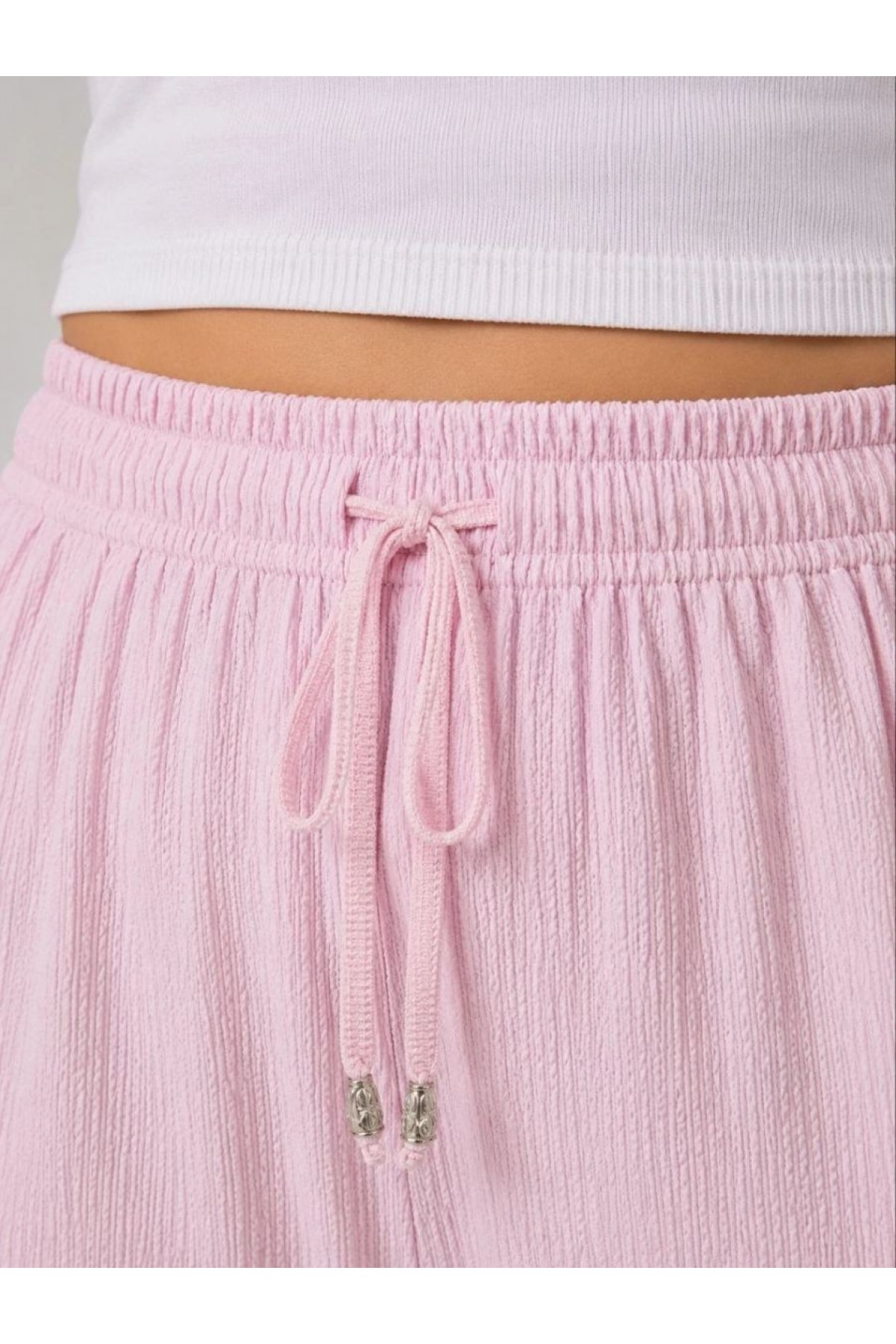 Kadın Battal Beden Bürümcük Kumaş Beli Lastikli Bağcıklı Bol Paça Palazzo Pantolon - Pembe
