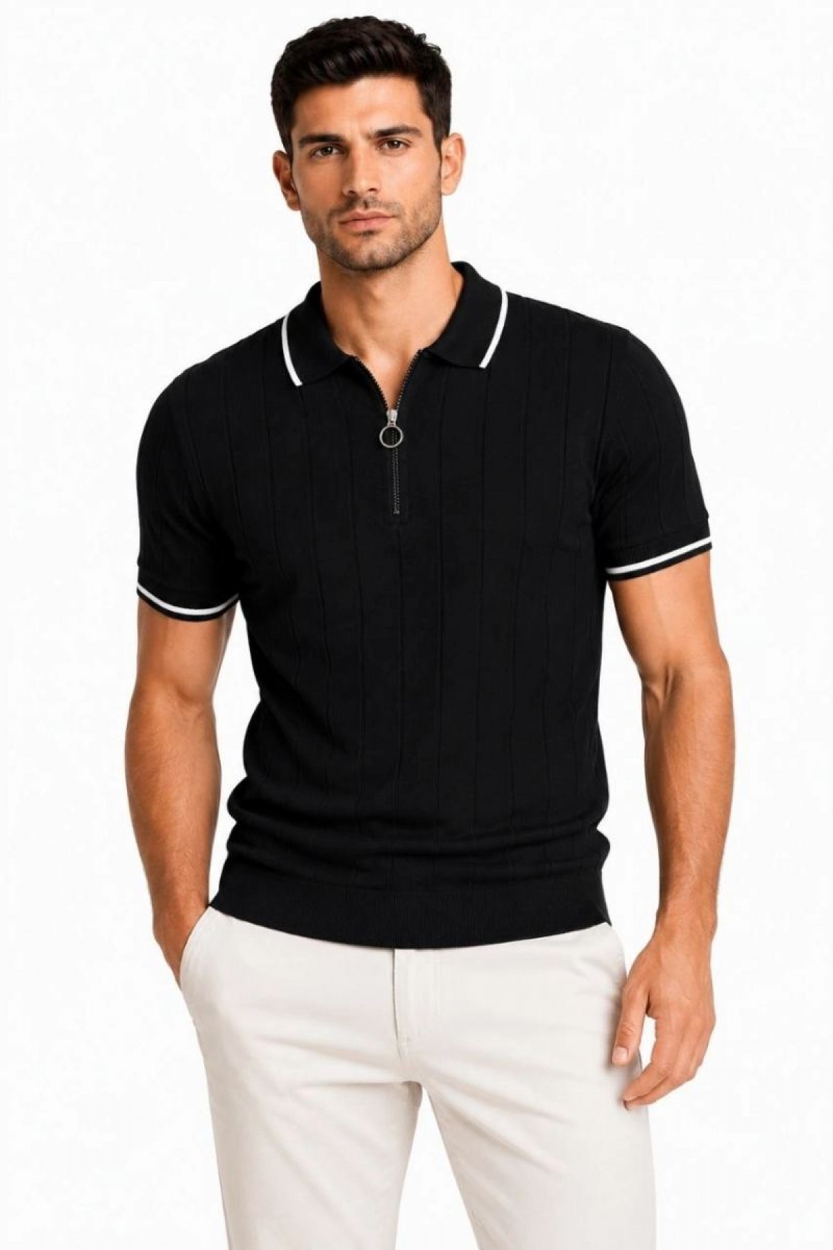 Erkek Fitilli Triko T-shirt Polo Yaka Yarım Fermuarlı Kısa Kollu Tişört - Siyah