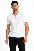 Erkek Fitilli Triko T-shirt Polo Yaka Yarım Fermuarlı Kısa Kollu Tişört - Beyaz