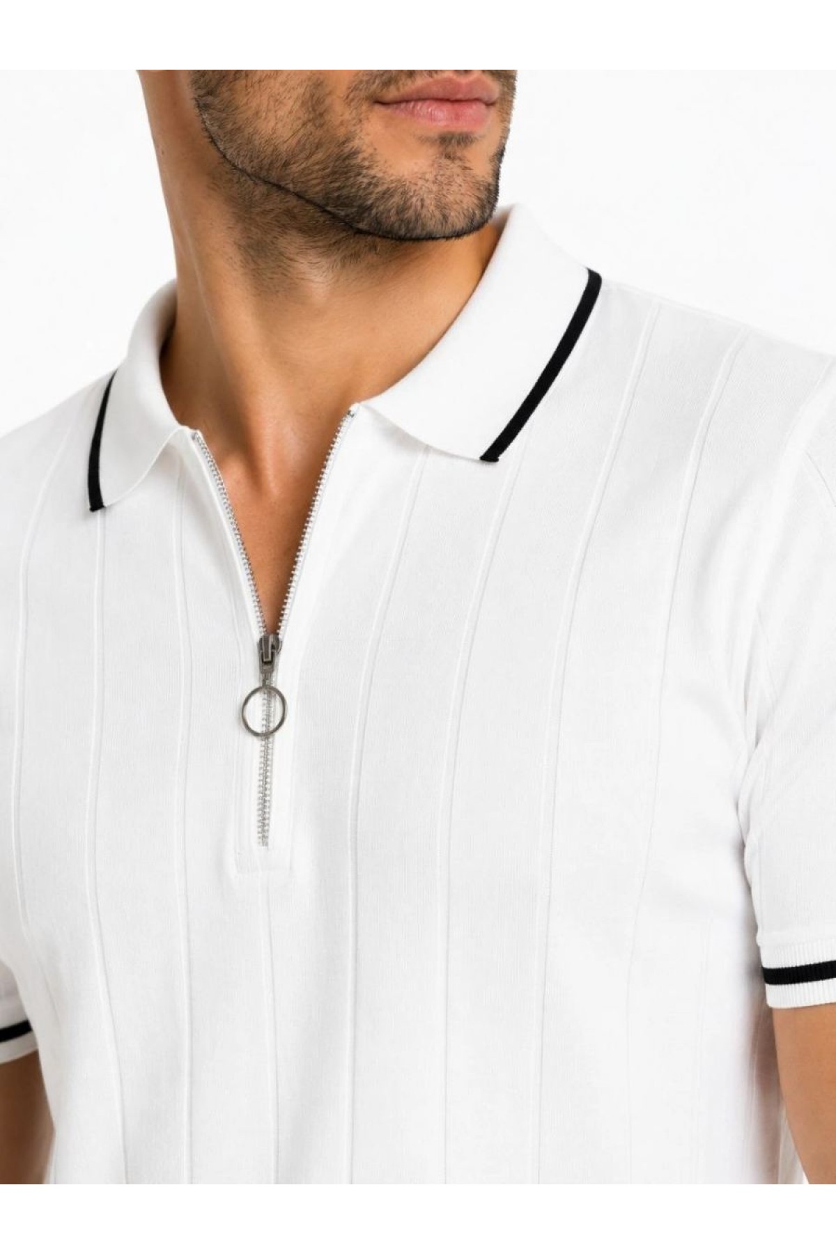 Erkek Fitilli Triko T-shirt Polo Yaka Yarım Fermuarlı Kısa Kollu Tişört - Beyaz