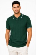Erkek Fitilli Triko T-shirt Polo Yaka Yarım Fermuarlı Kısa Kollu Tişört - Yeşil
