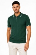 Erkek Fitilli Triko T-shirt Polo Yaka Yarım Fermuarlı Kısa Kollu Tişört - Yeşil