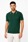 Erkek Fitilli Triko T-shirt Polo Yaka Yarım Fermuarlı Kısa Kollu Tişört - Yeşil