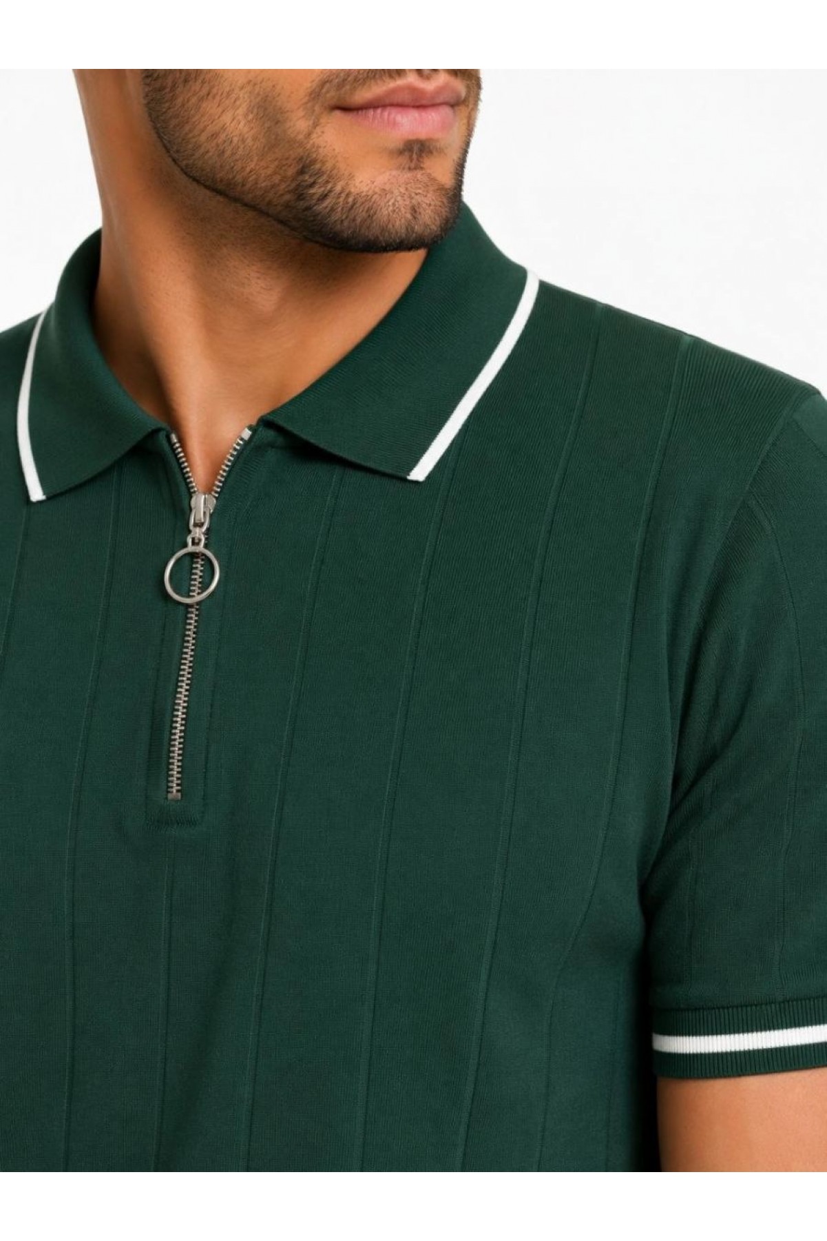 Erkek Fitilli Triko T-shirt Polo Yaka Yarım Fermuarlı Kısa Kollu Tişört - Yeşil