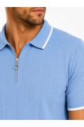 Erkek Fitilli Triko T-shirt Polo Yaka Yarım Fermuarlı Kısa Kollu Tişört - Açık Mavi