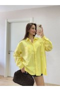 Kadın Oversize Pens Detaylı Cepli Yırtmaçlı Rahat Kalıp Poplin Gömlek - Sarı