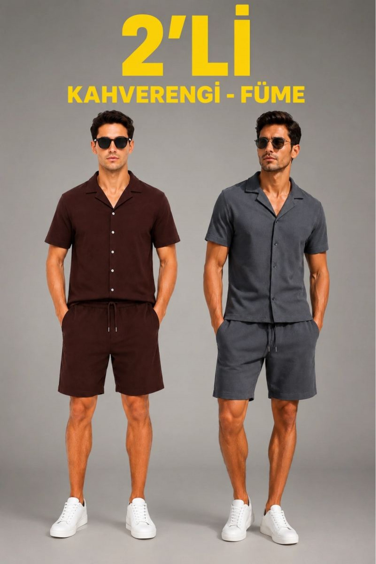 Erkek 2'li Krep Kumaş Cepli Gömlek Şort Takım Kısa Kollu Bağcıklı - Kahverengi & Füme