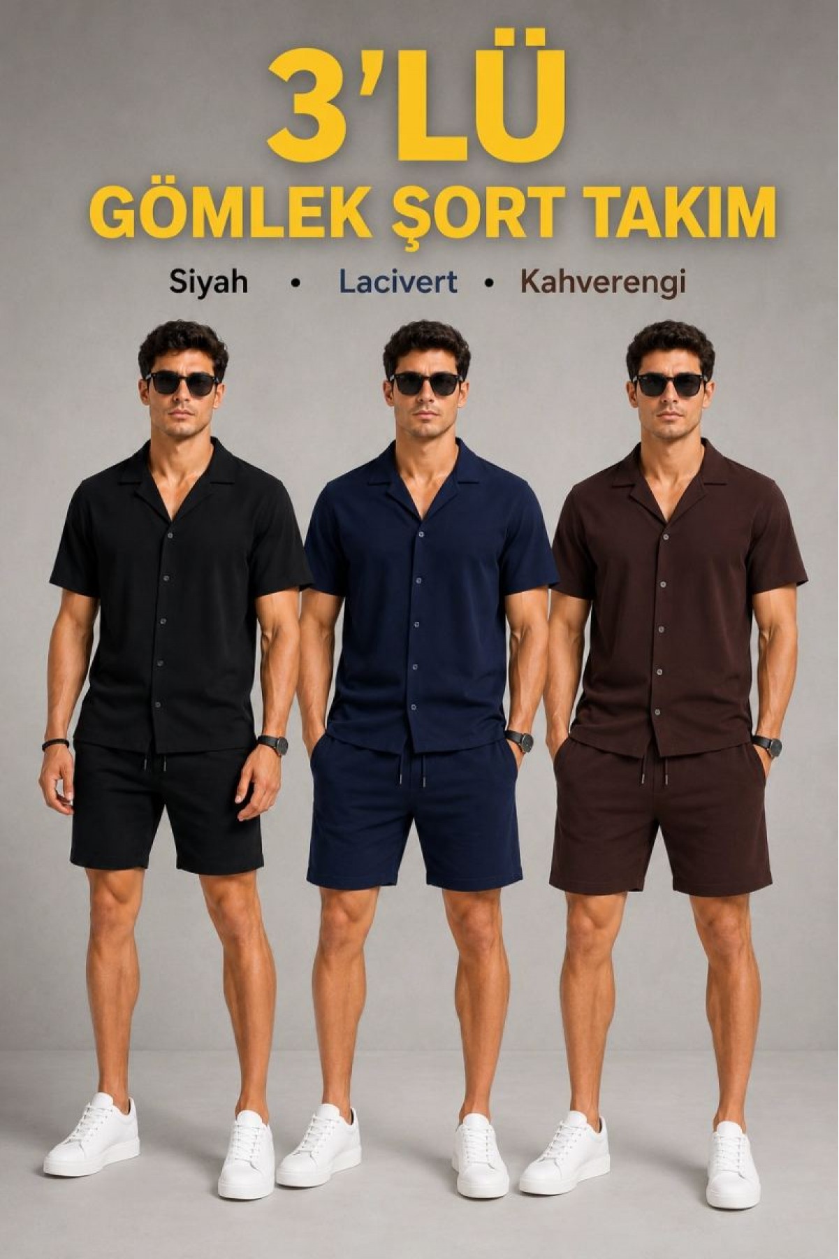 Erkek 3’lü Krep Kumaş Cepli Gömlek Şort Takım Kısa Kollu Bağcıklı - Siyah , Lacivert , Kahverengi