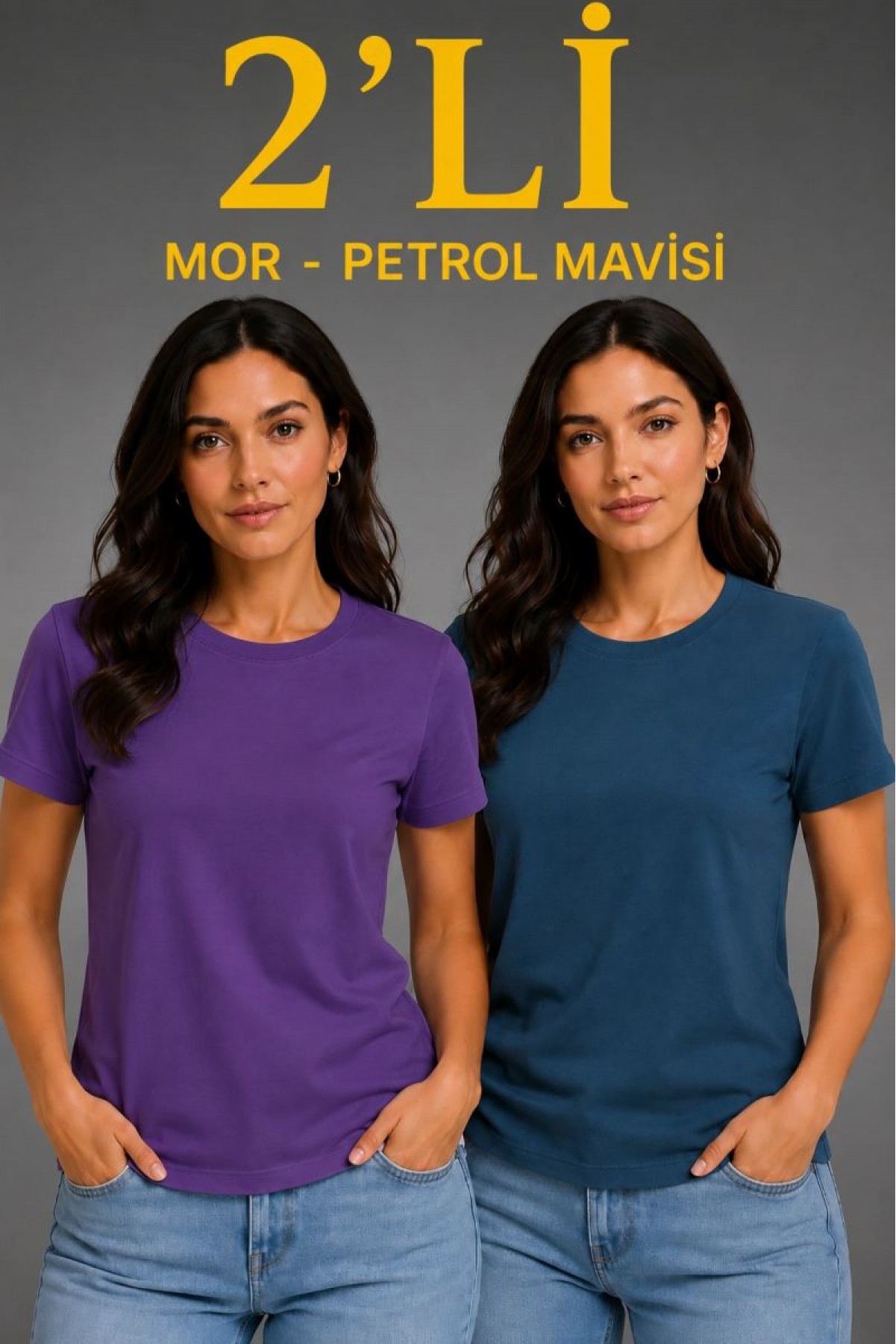 Kadın Basic Bisiklet Yaka Yazlık Slim fit T-Shirt - Mor & Petrol Mavisi