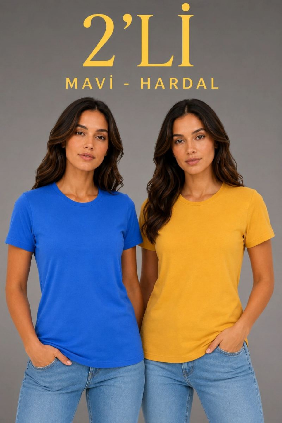 Kadın Basic Bisiklet Yaka Yazlık Slim fit T-Shirt - Mavi & Hardal Sarısı