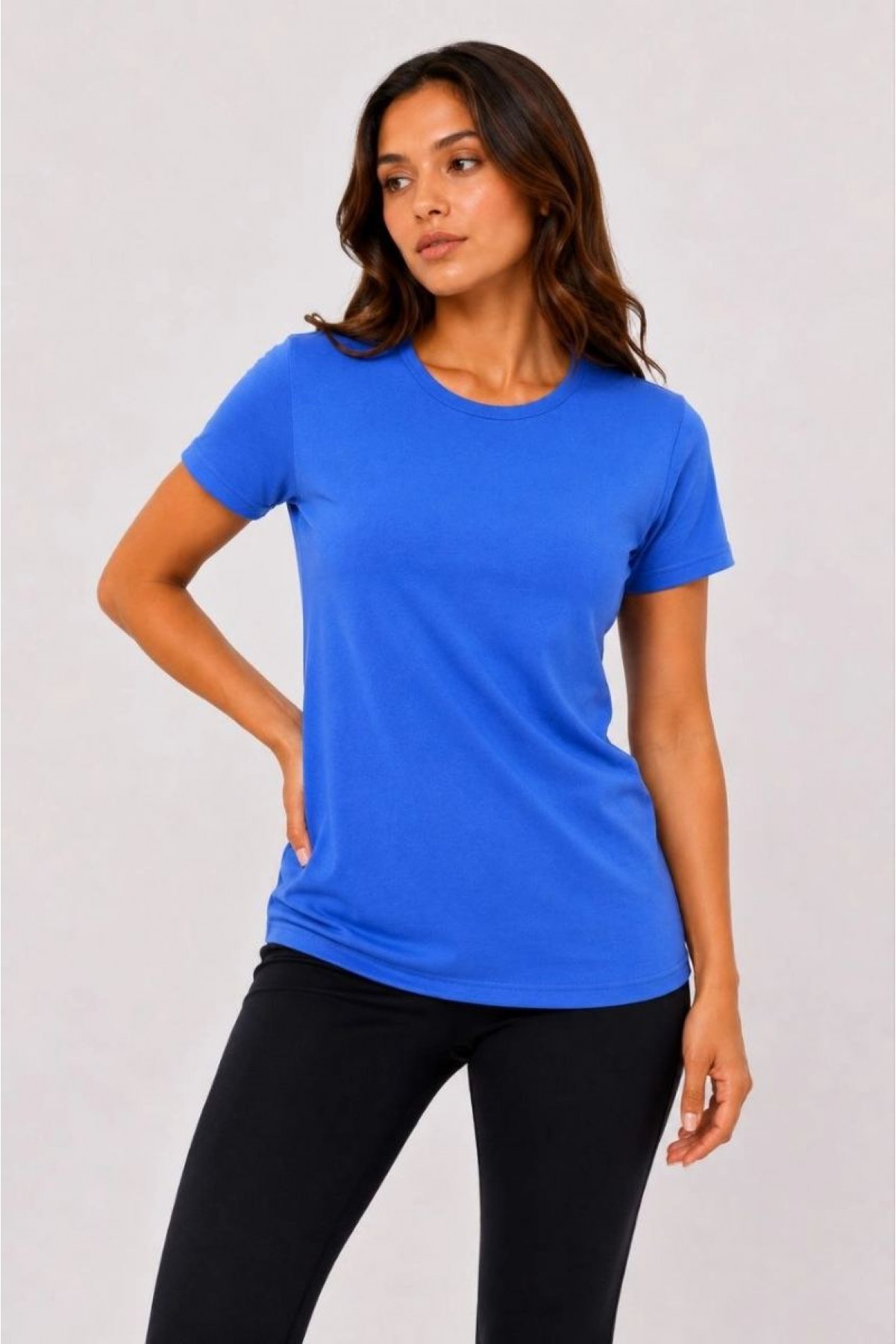 Kadın Basic Bisiklet Yaka Yazlık Slim fit T-Shirt - Mavi & Hardal Sarısı
