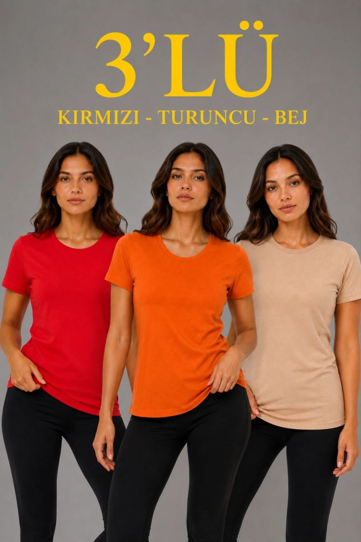 Kadın 3’lü Kısa Kollu Bisiklet Yaka Basic Slim Fit T-Shirt - Kırmızı - Turuncu - Bej
