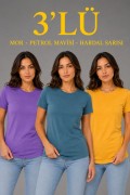 Kadın 3’lü Kısa Kollu Bisiklet Yaka Basic Slim Fit T-Shirt - Mor - Petrol Mavisi - Hardal