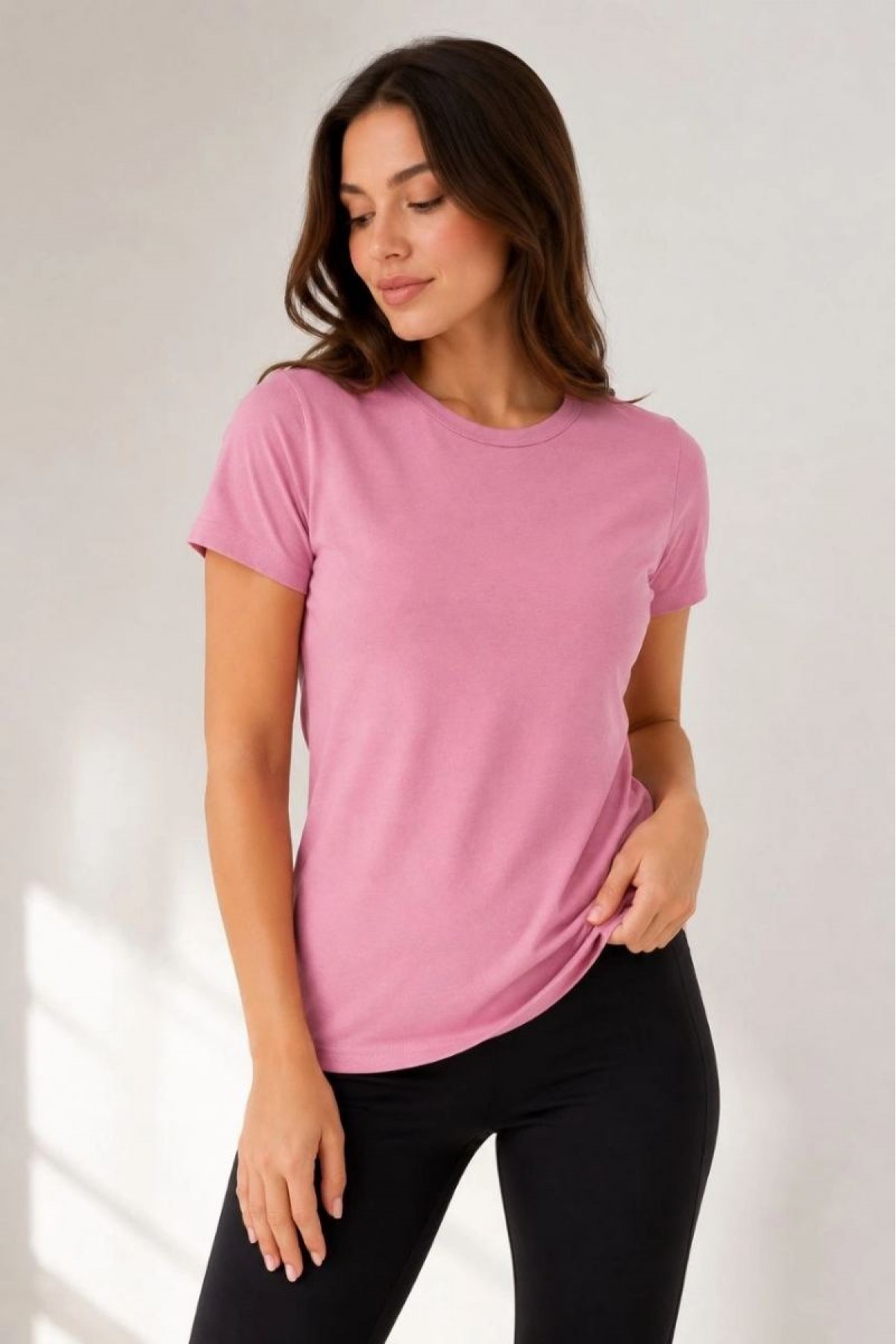 Kadın 3’lü Kısa Kollu Bisiklet Yaka Basic Slim Fit T-Shirt - Pudra Pembe - Mor - Bej
