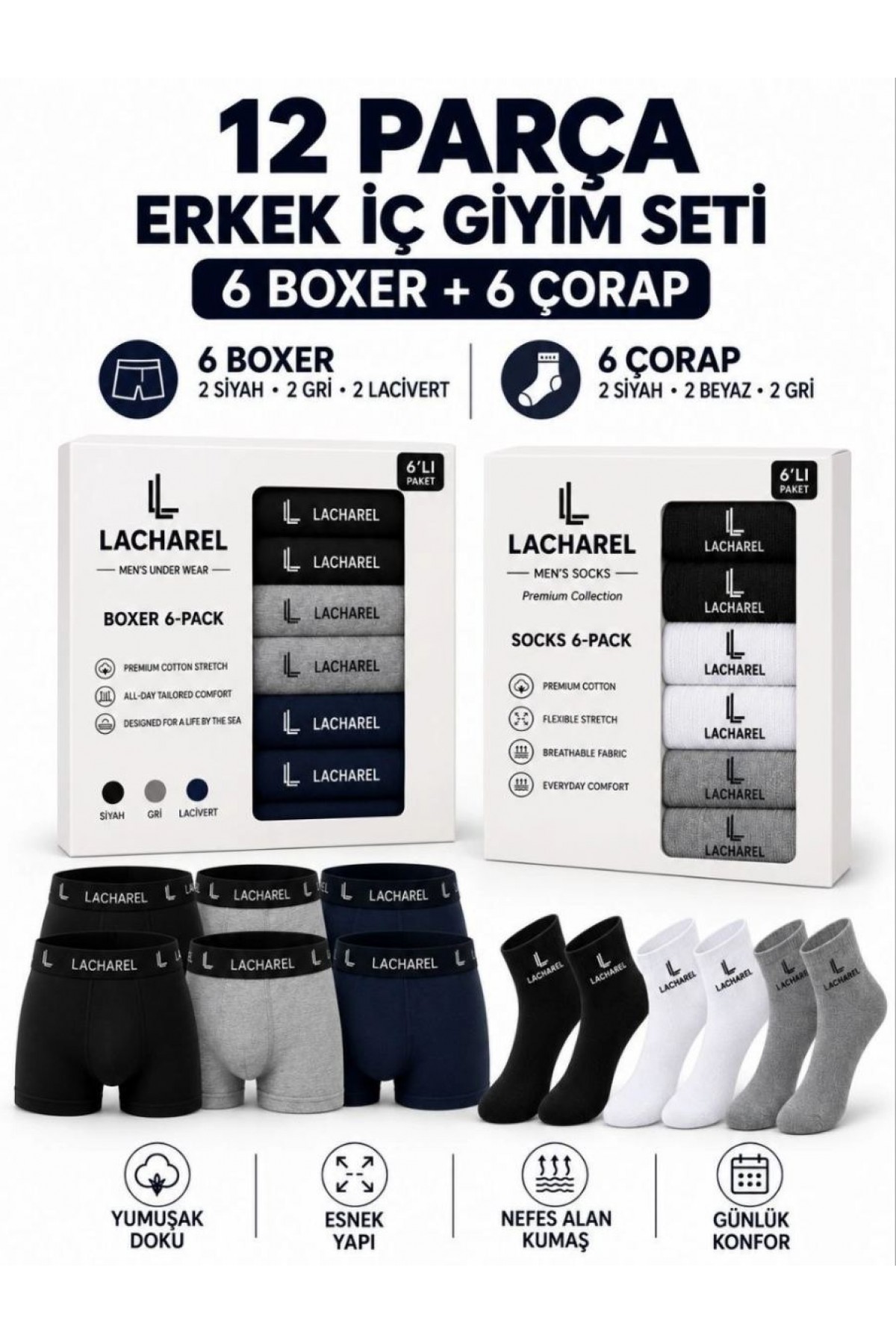 Erkek 12'li İç Giyim Seti Pamuklu 6 Boxer 6 Çorap Çoklu Paket - Siyah - Lacivert - Gri - Beyaz