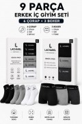 Erkek 9'Lu İç Giyim Seti Pamuklu 3 Boxer 6 Çorap Çoklu Paket - Siyah - Füme - Gri - Beyaz