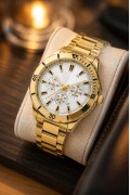 Erkek Gold Renk Metal Kordon Analog Kol Saati Beyaz Kadran Takvim Göstergeli
