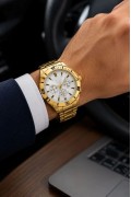 Erkek Gold Renk Metal Kordon Analog Kol Saati Beyaz Kadran Takvim Göstergeli