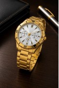 Erkek Gold Renk Metal Kordon Analog Kol Saati Beyaz Kadran Takvim Göstergeli