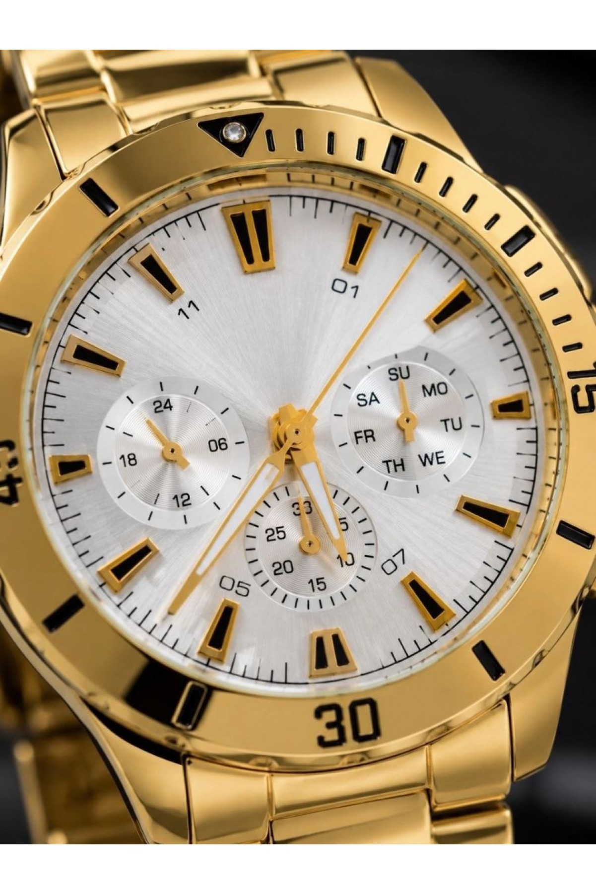 Erkek Gold Renk Metal Kordon Analog Kol Saati Beyaz Kadran Takvim Göstergeli
