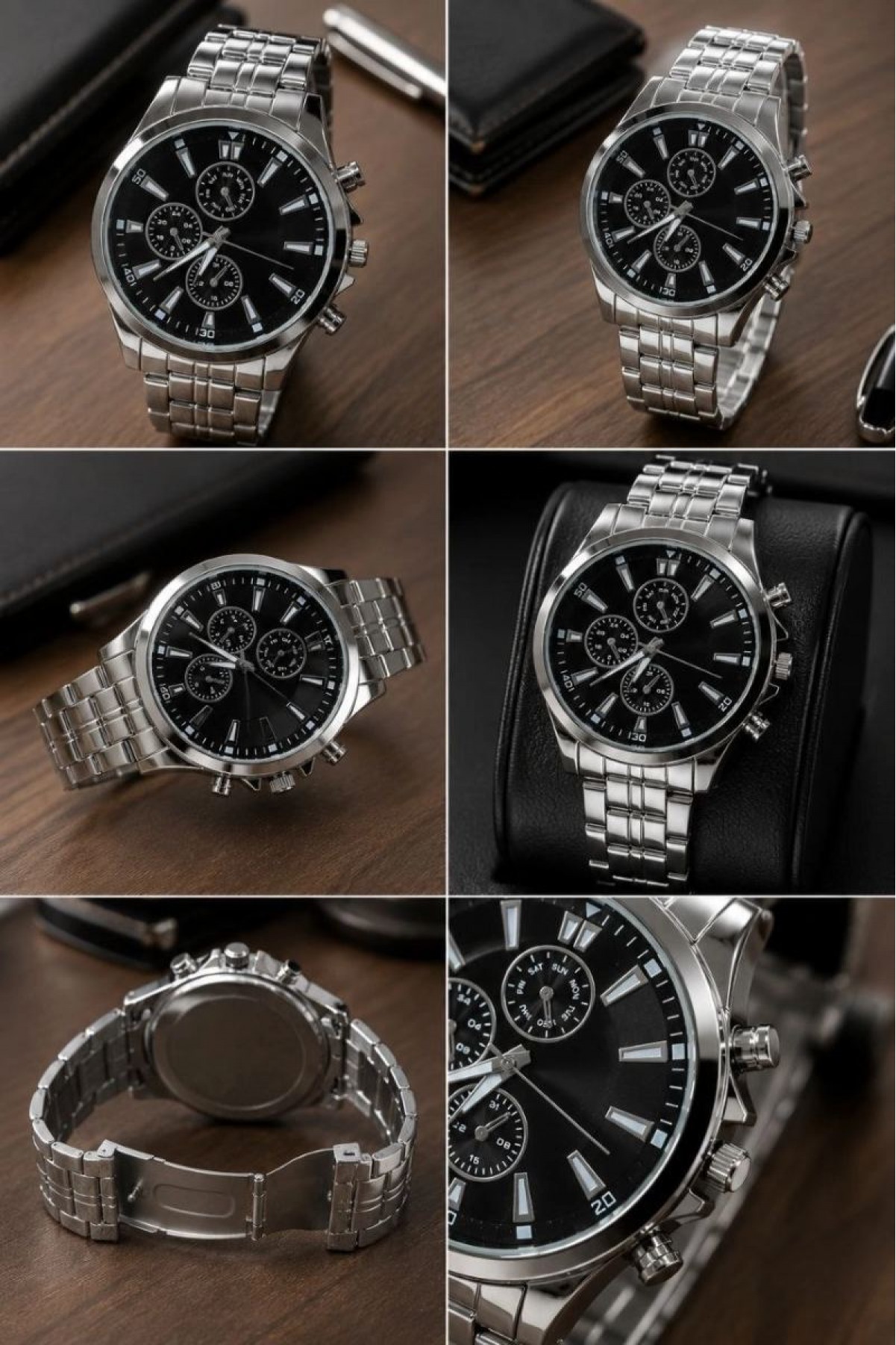 Erkek Gümüş Renk Metal Kordon Analog Kol Saati Takvim Göstergeli Siyah Kadran - Gümüş