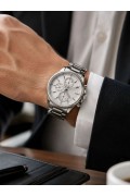 Erkek Gümüş Renk Metal Kordon Analog Kol Saati Takvim Göstergeli Beyaz Kadran - Gümüş