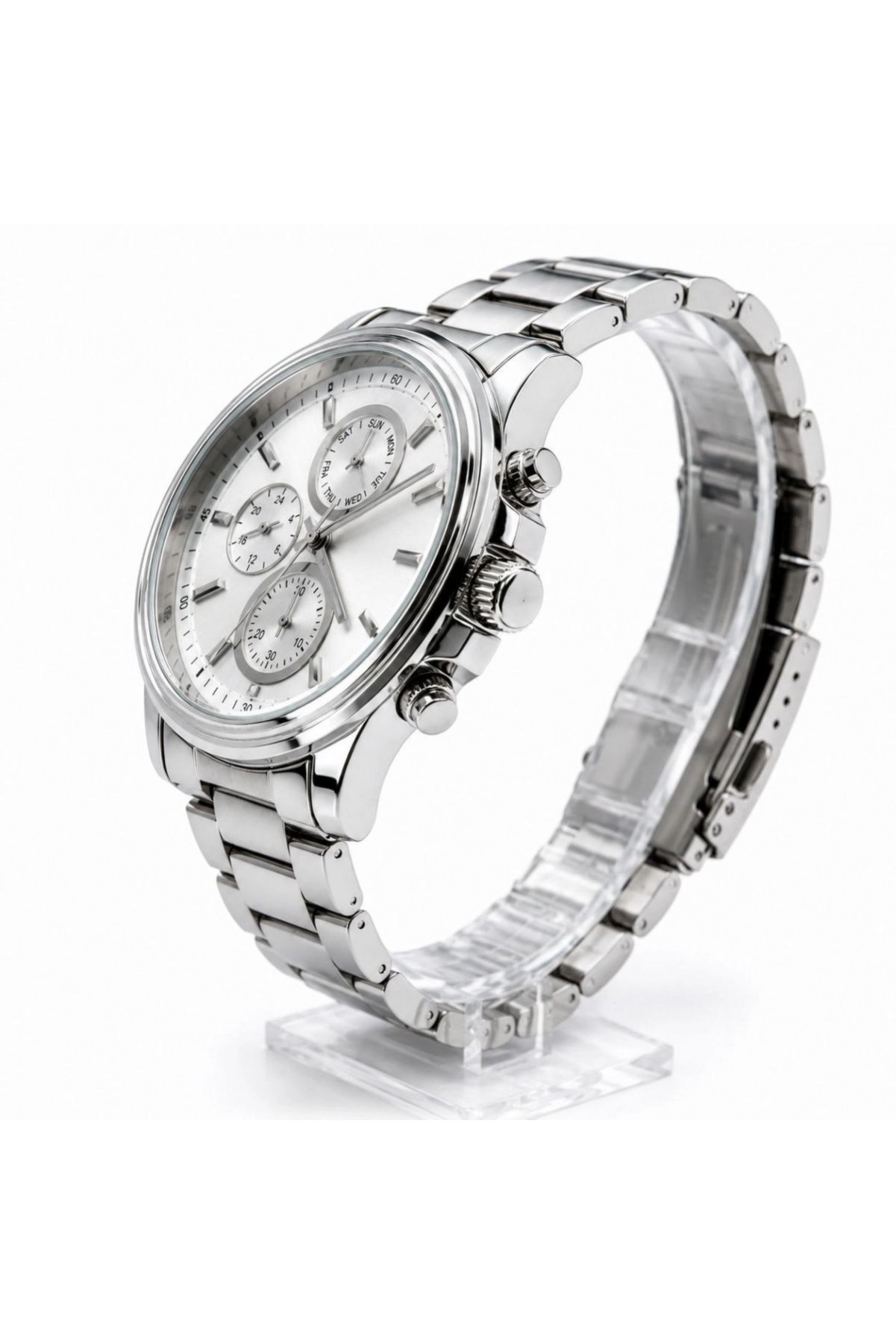 Erkek Gümüş Renk Metal Kordon Analog Kol Saati Takvim Göstergeli Beyaz Kadran - Gümüş