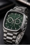 Erkek Gümüş Metal Kordon Analog Kol Saati Yeşil Kadran Takvim Göstergeli - Gümüş