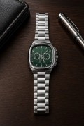 Erkek Gümüş Metal Kordon Analog Kol Saati Yeşil Kadran Takvim Göstergeli - Gümüş
