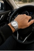 Erkek Gümüş Renk Metal Kordon Analog Kol Saati Çok Fonksiyonlu Beyaz Kadran - Gümüş