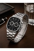 Erkek Gümüş Renk Metal Kordon Analog Kol Saati Siyah Kadran Takvim Göstergeli - Gümüş