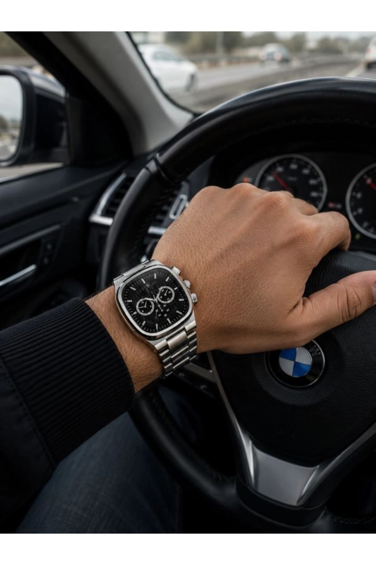 Erkek Gümüş Renk Metal Kordon Analog Kol Saati Siyah Kadran Takvim Göstergeli - Gümüş