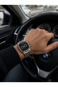 Erkek Gümüş Renk Metal Kordon Analog Kol Saati Siyah Kadran Takvim Göstergeli - Gümüş