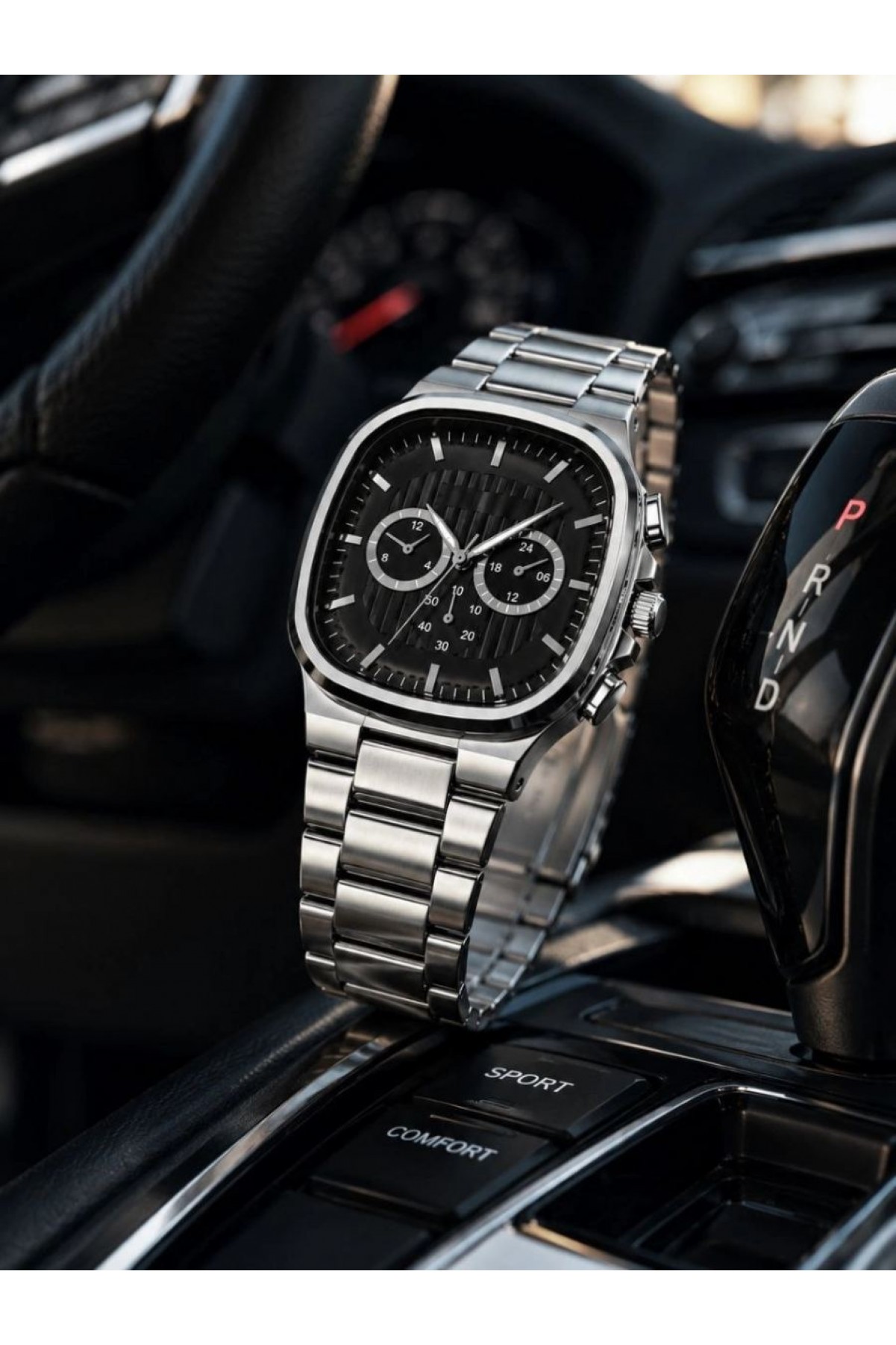 Erkek Gümüş Renk Metal Kordon Analog Kol Saati Siyah Kadran Takvim Göstergeli - Gümüş