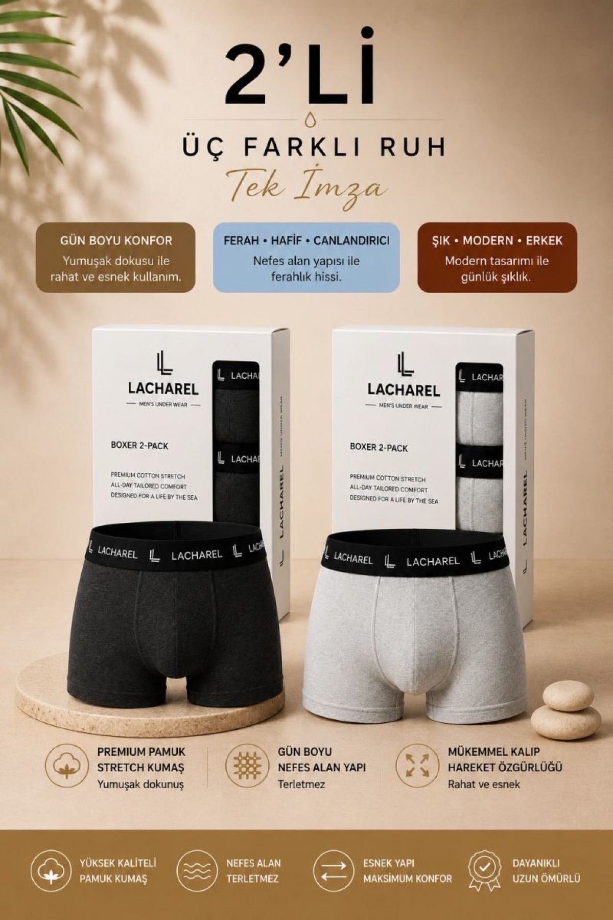 Erkek Likralı Pamuklu Nefes Alan Penye Boxer 2'Li Paket - Füme & Gri
